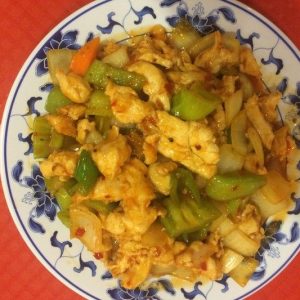 Chilis csirkehús (csípős) főtt rizzsel